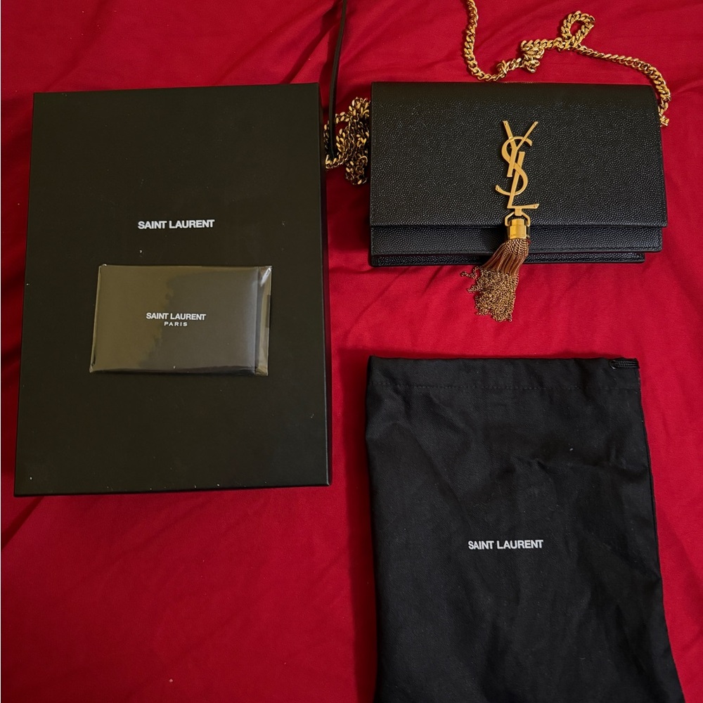 Saint Laurent Black Wallet with Gold Tassel Chain